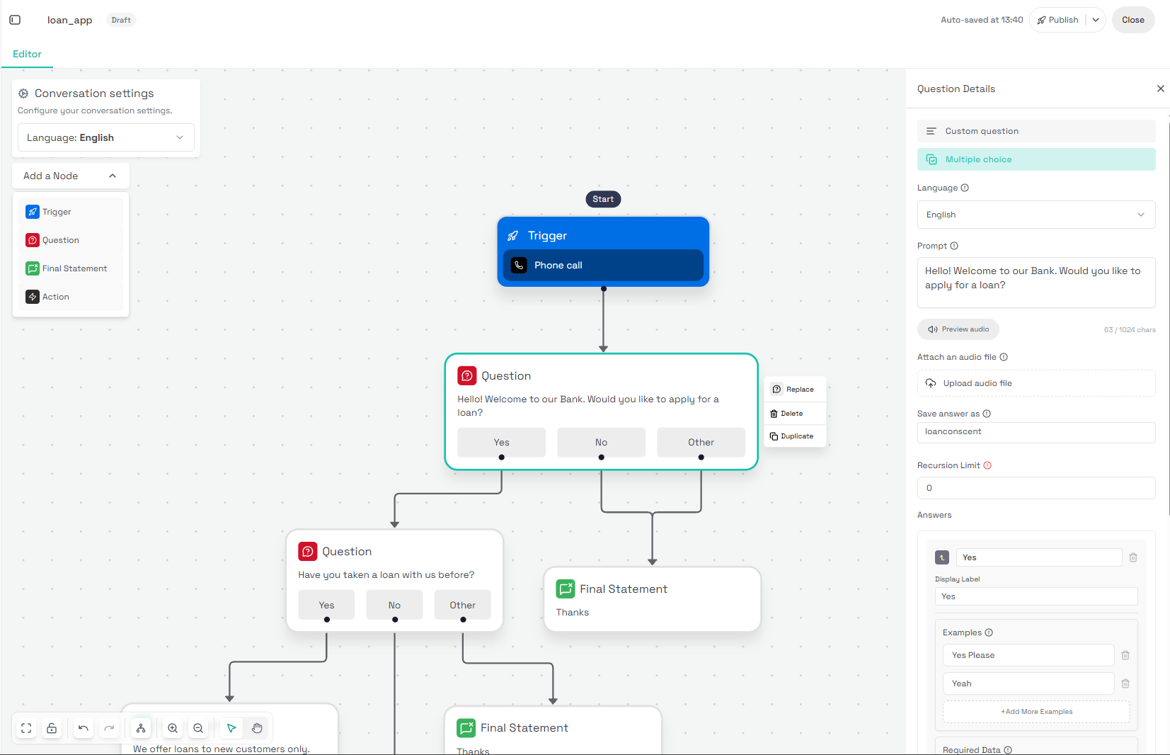 The Pindo conversation editor showing a loan_app flow on a node canvas: a Trigger (Phone call) connects to a Question node with Yes/No/Other answers, branching to more Questions and Final Statements. A Question Details panel is open on the right.